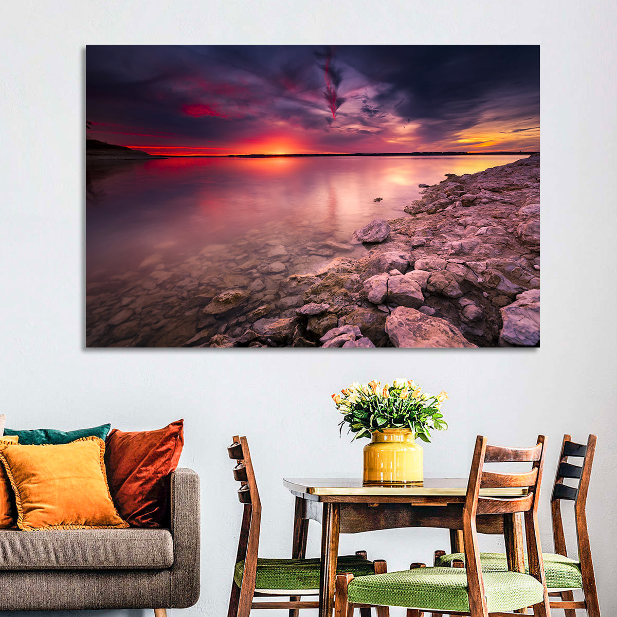 Benbrook Lake Sunset Reflection Wall Art in a room, landscape