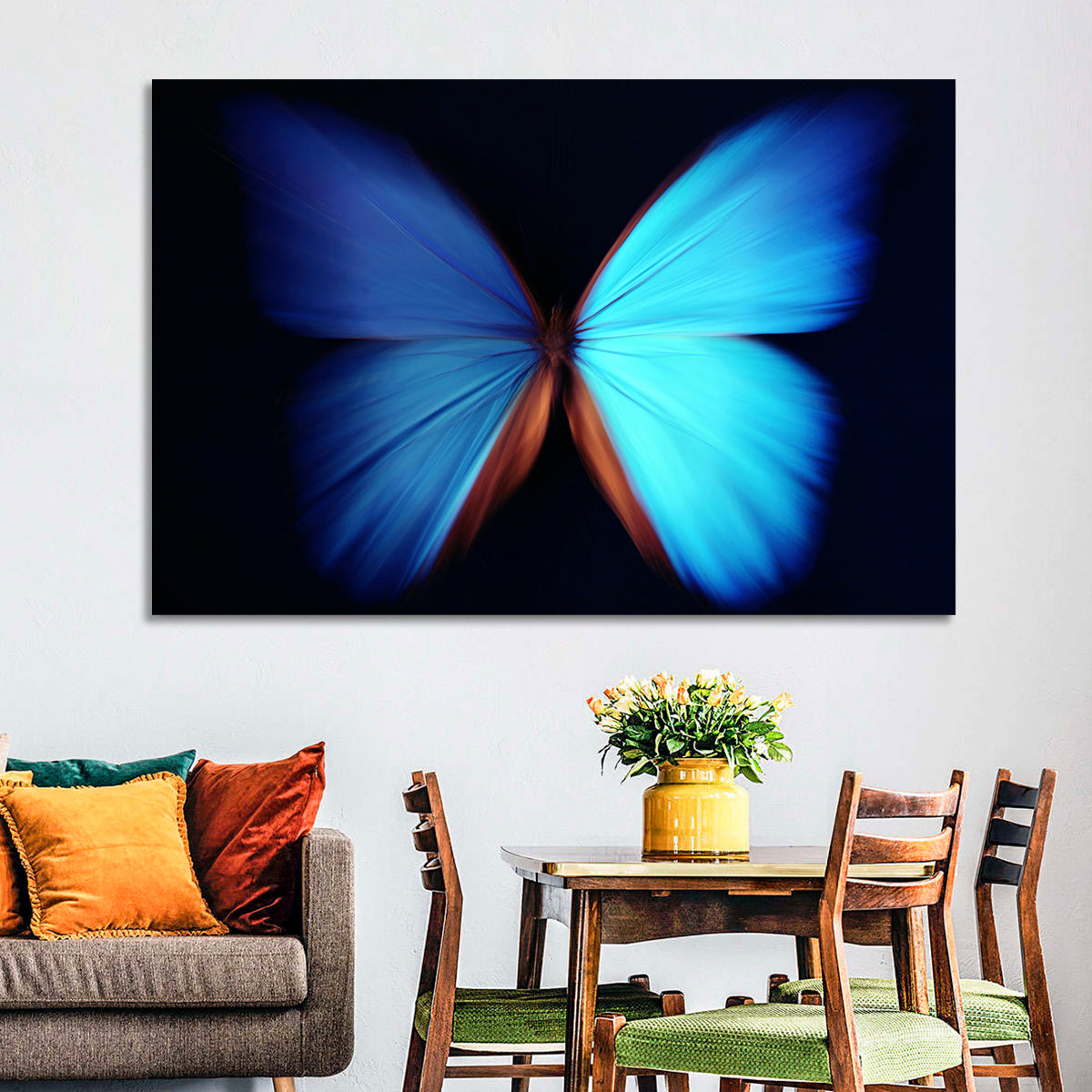 Blue Butterfly Macro Study Wall Art in a room, landscape