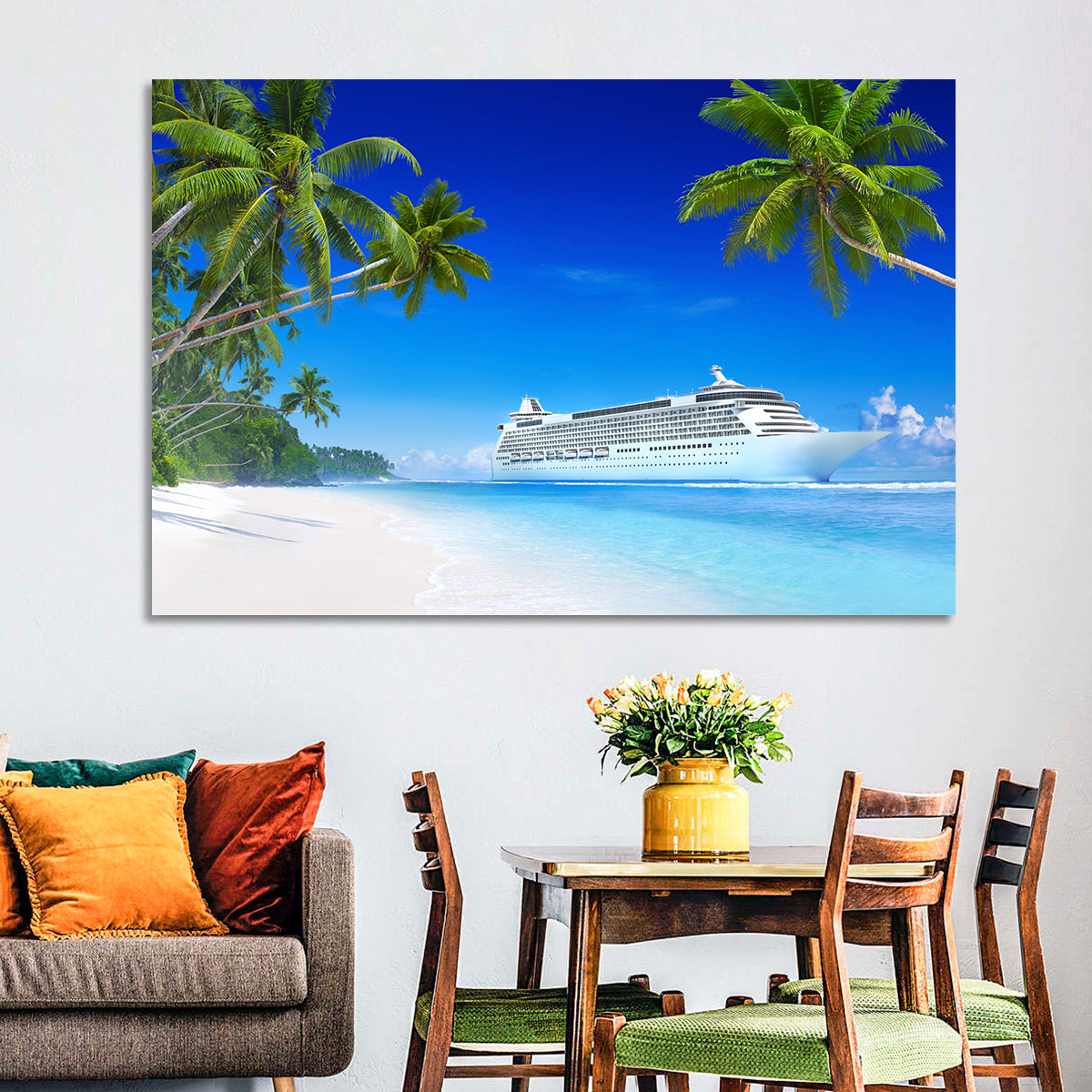 Tropical Beach Cruise Ship Shoreline Wall Art in a room, landscape