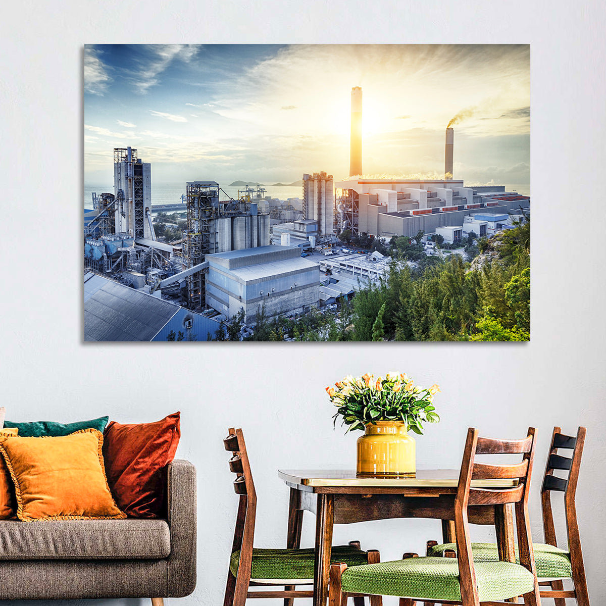 Coastal Power Plant at Sunrise Wall Art in a room, landscape