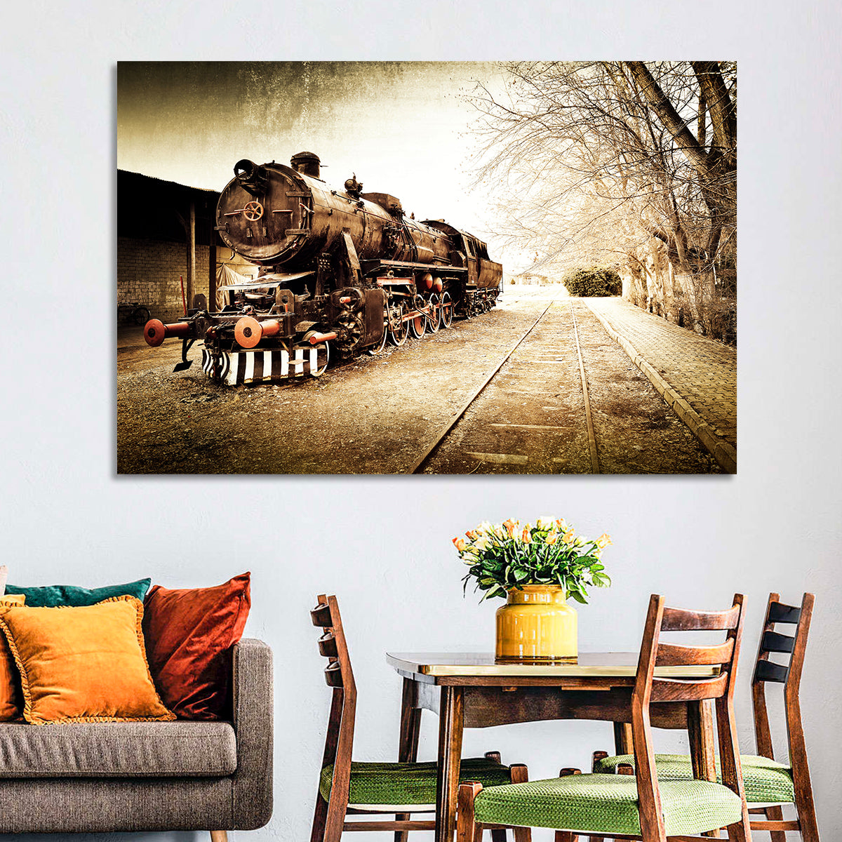 Sepia Steam Locomotive on Rusted Tracks Wall Art