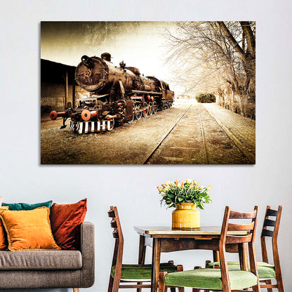 Sepia Steam Locomotive on Rusted Tracks Wall Art