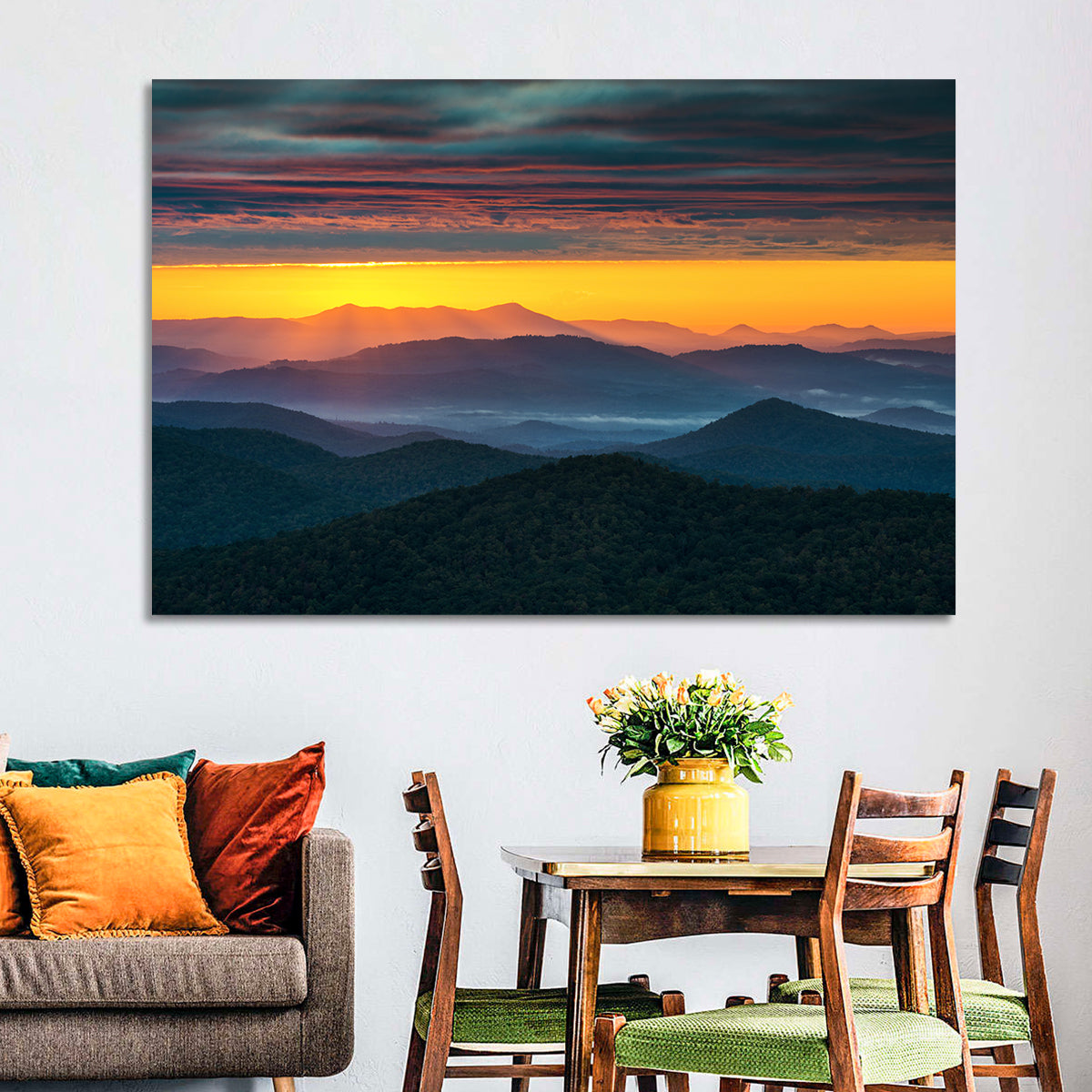 Misty Blue Ridge Sunrise North Carolina Wall Art in a room, landscape