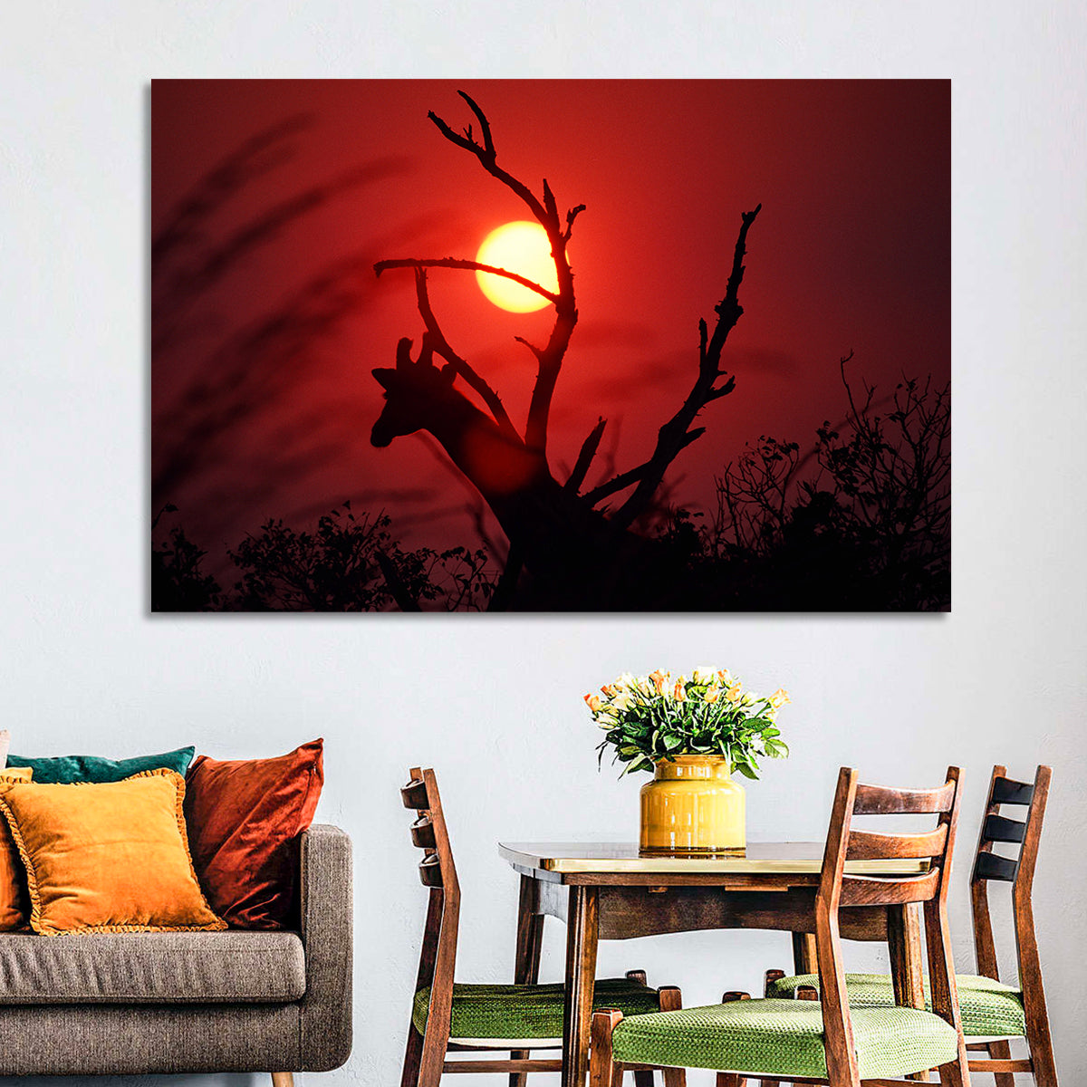 Giraffe Silhouette at Sunset Wall Art in a room, landscape