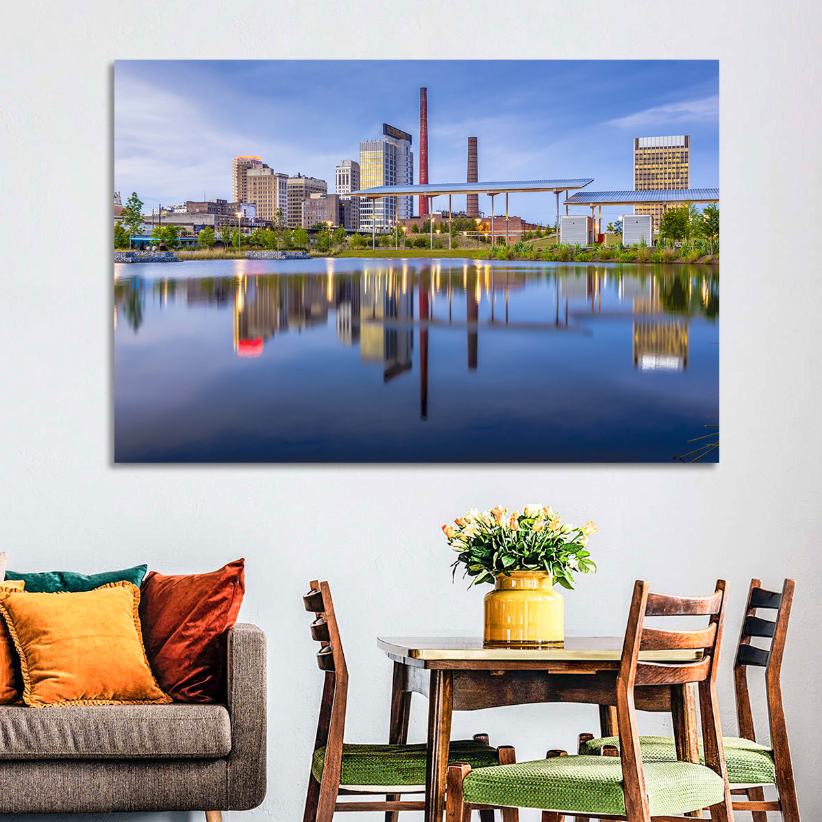 Birmingham Skyline Reflection at Twilight Wall Art in a room, landscape