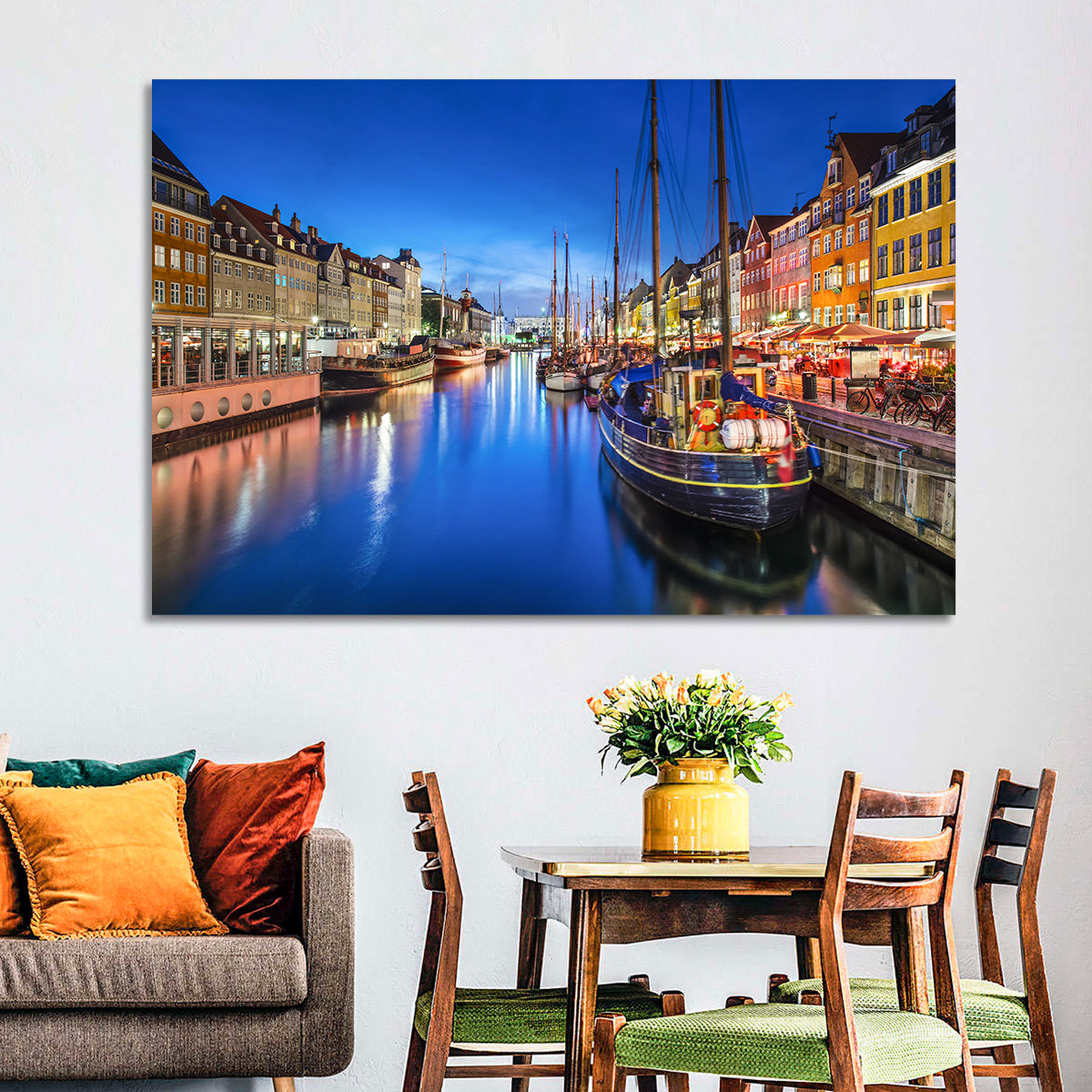 Nyhavn Canal at Dusk Wall Art in a room, landscape