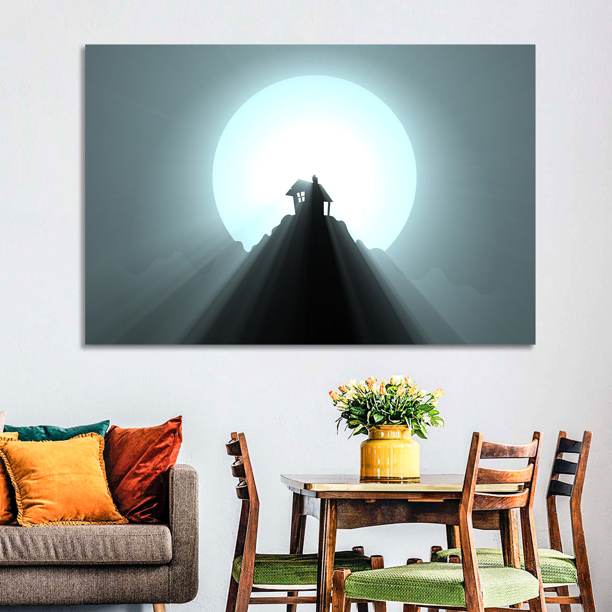 Moonlit Mountain Hut Wall Art in a room, landscape