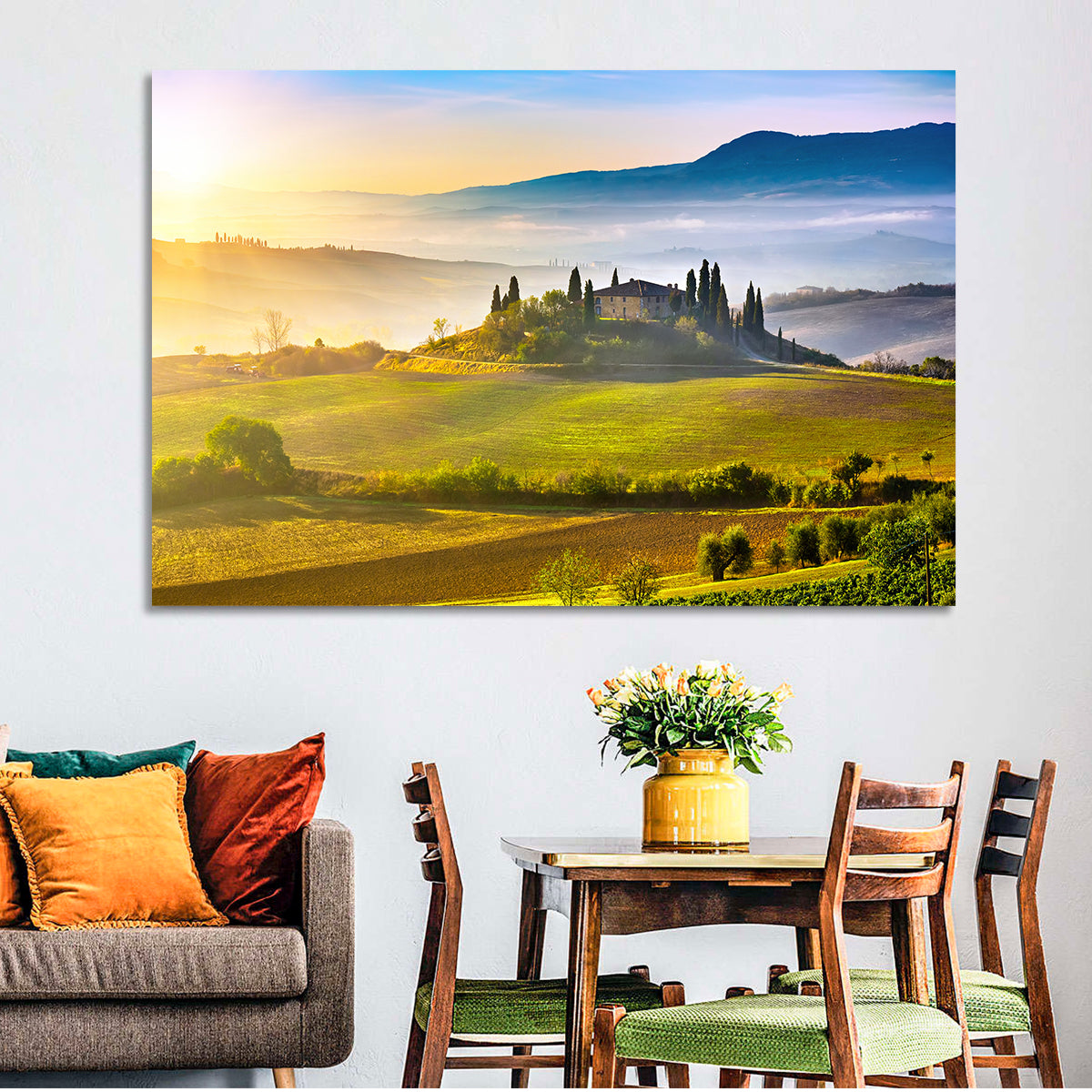 Tuscan Morning Landscape Wall Art in a room, landscape