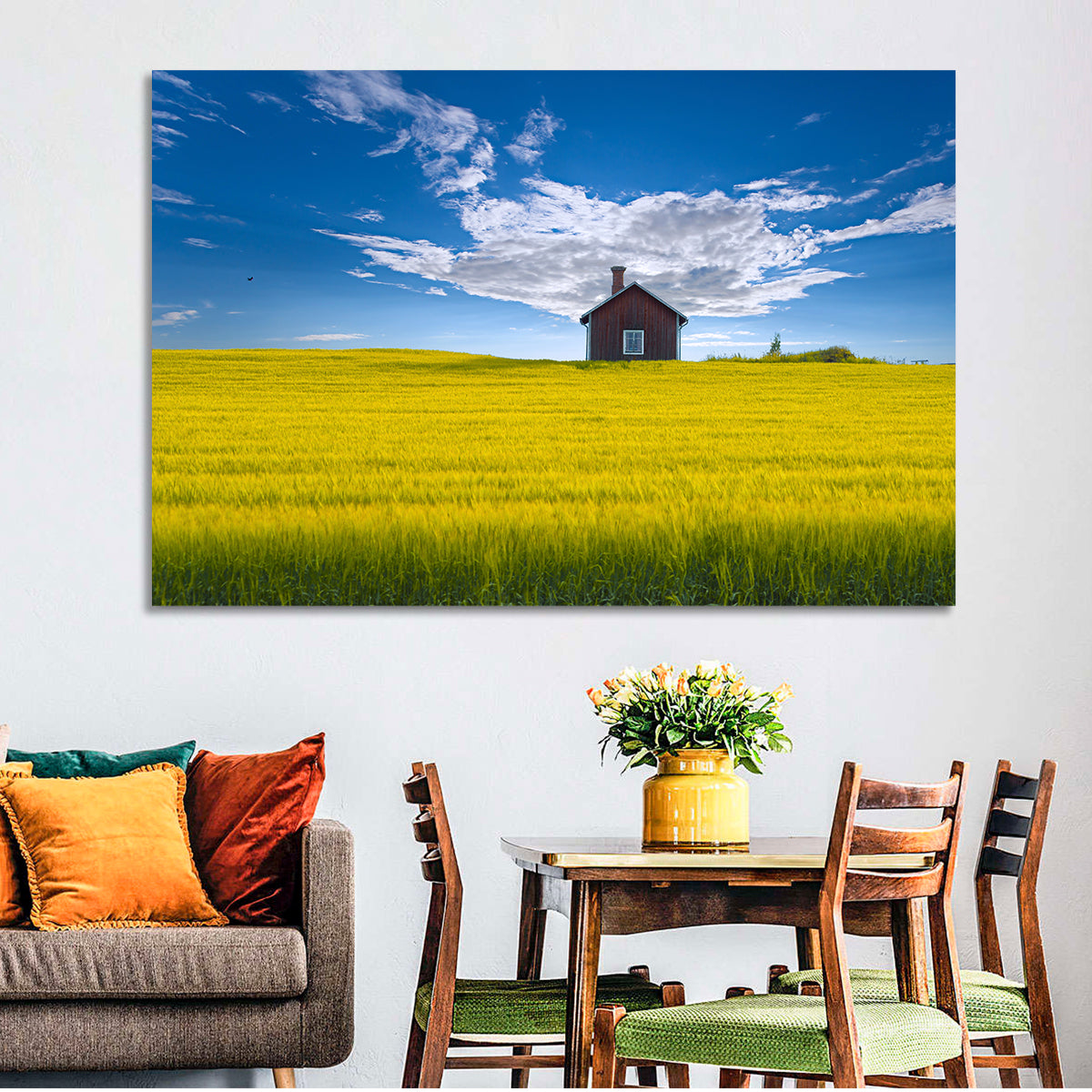 Red Barn in Golden Wheat Field Wall Art
