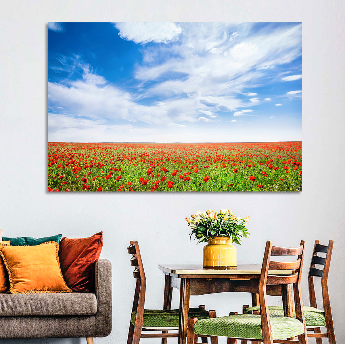 Red Poppy Field Wall Art in a room, landscape