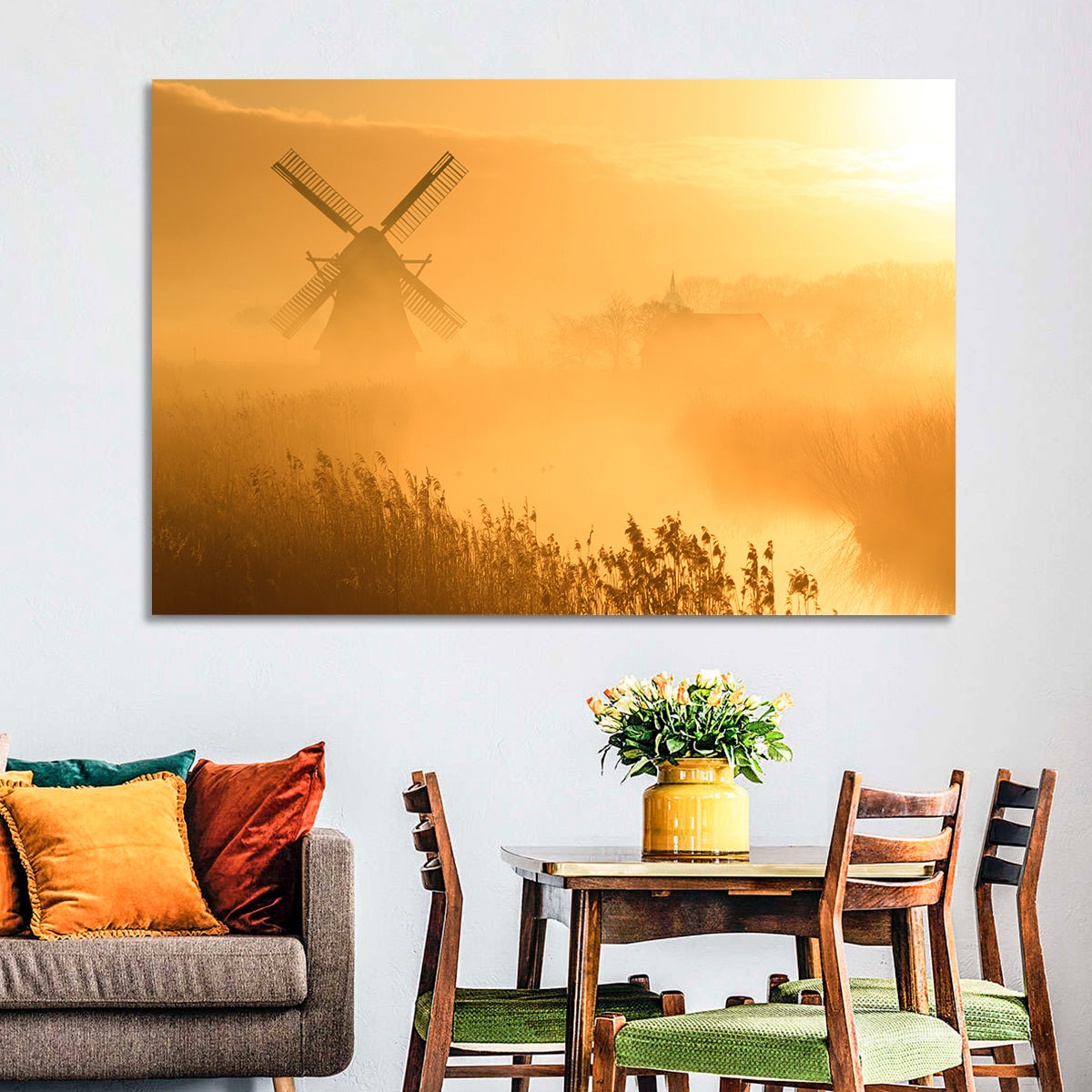 Golden Dutch Windmill Sunrise Wall Art
