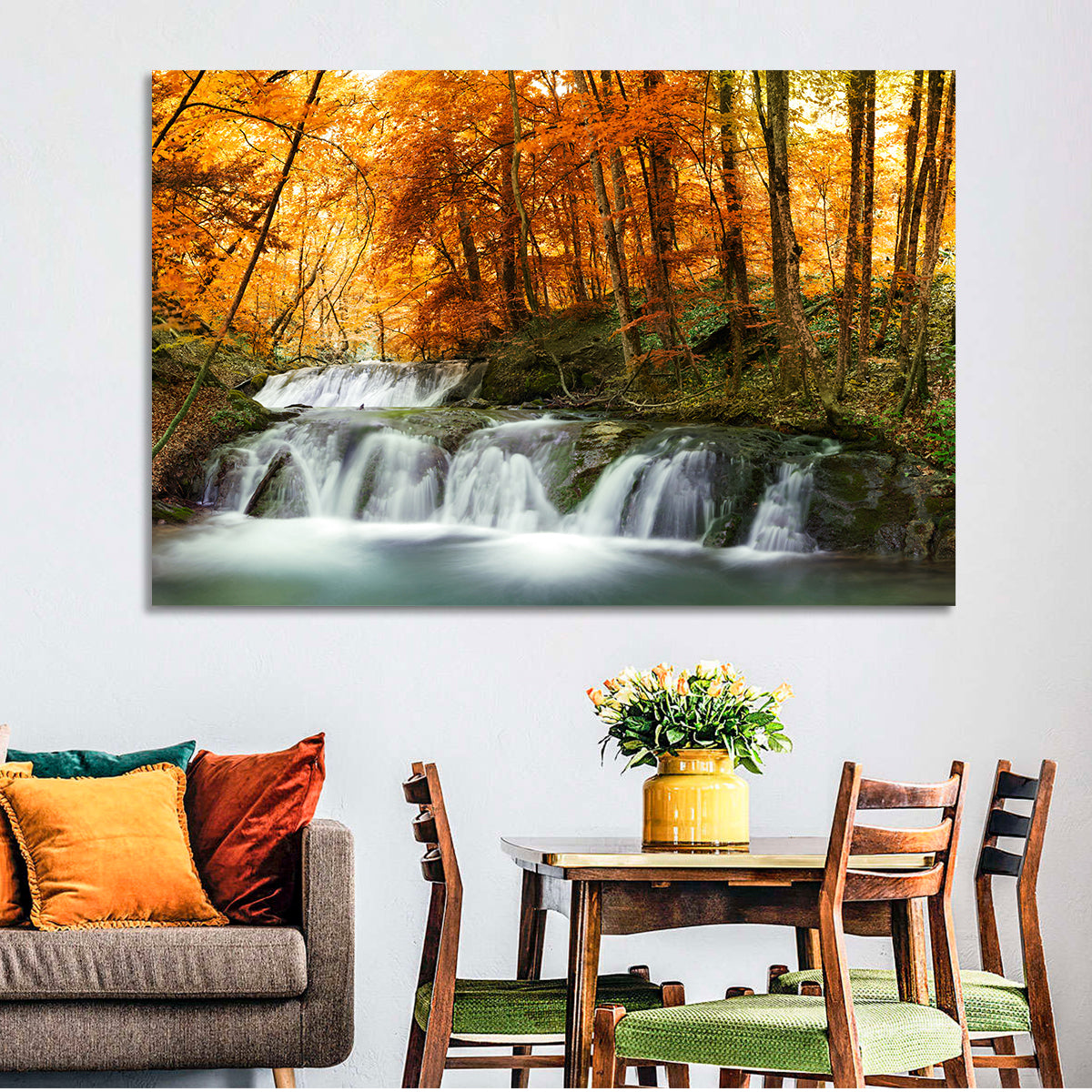 Autumn Forest Waterfall Wall Art in a room, landscape