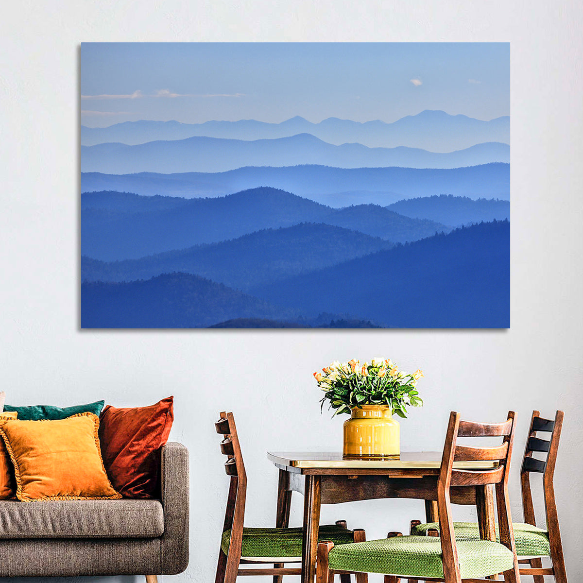 Misty Blue Mountain Valley Wall Art in a room, landscape