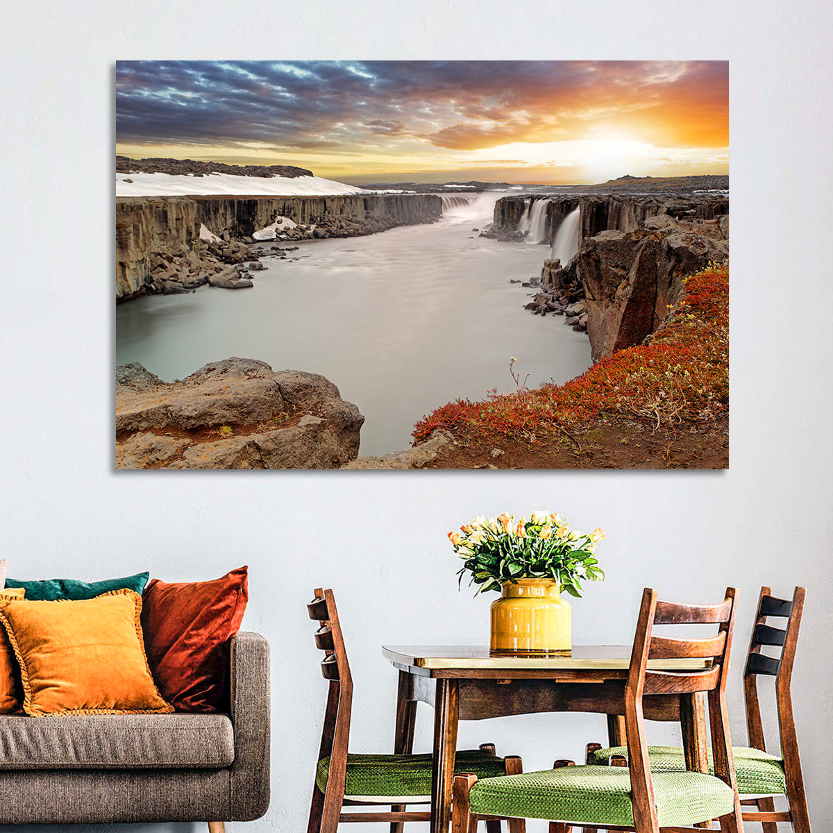 Selfoss Waterfall at Sunset Wall Art in a room, landscape