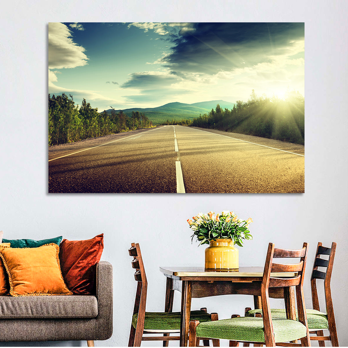 Sunlit Asphalt Road Wall Art in a room, landscape