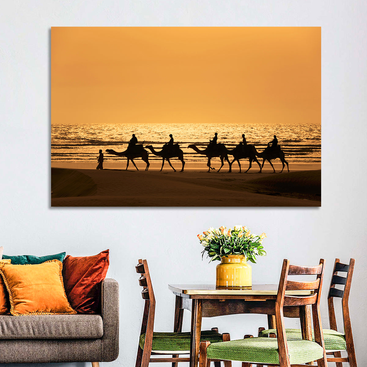 Camel Caravan Silhouette on Wet Sand Wall Art in a room, landscape