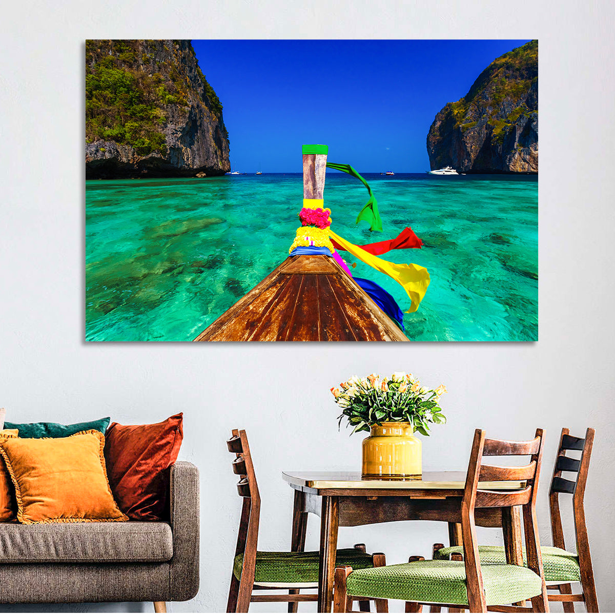 Maya Bay Long-tail Boat Wall Art in a room, landscape