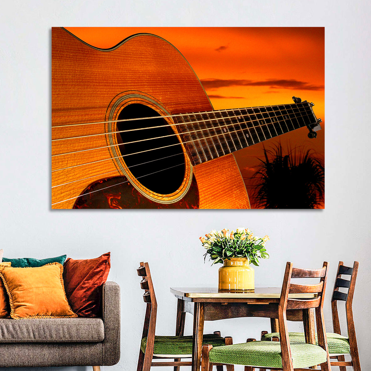 Sunset Acoustic Guitar Silhouette Wall Art