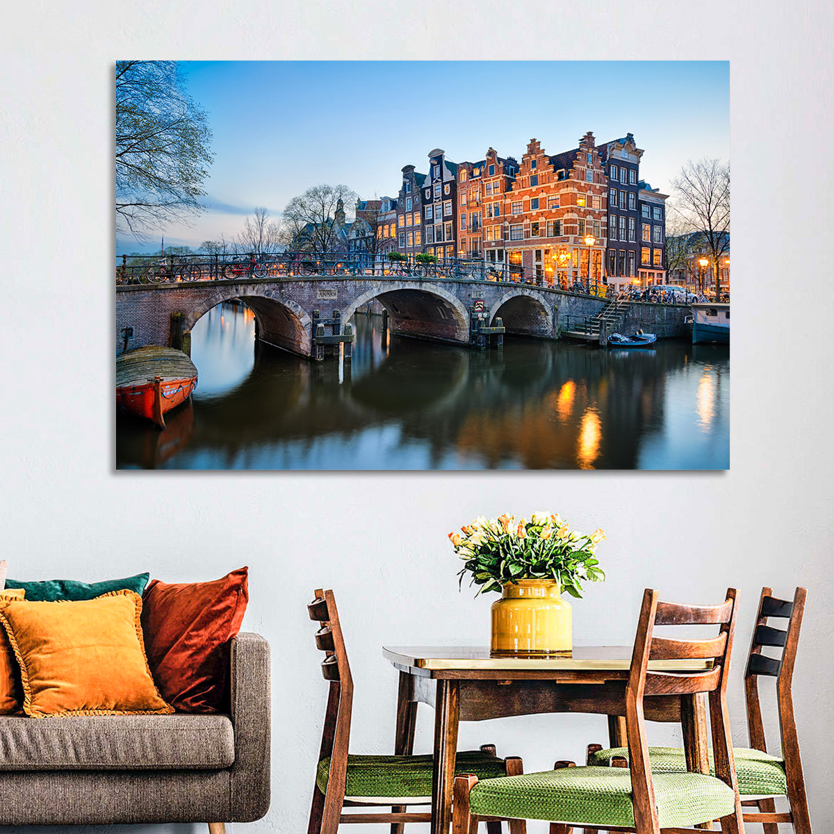 Brouwersgracht Canal Bridge at Dusk Wall Art in a room, landscape