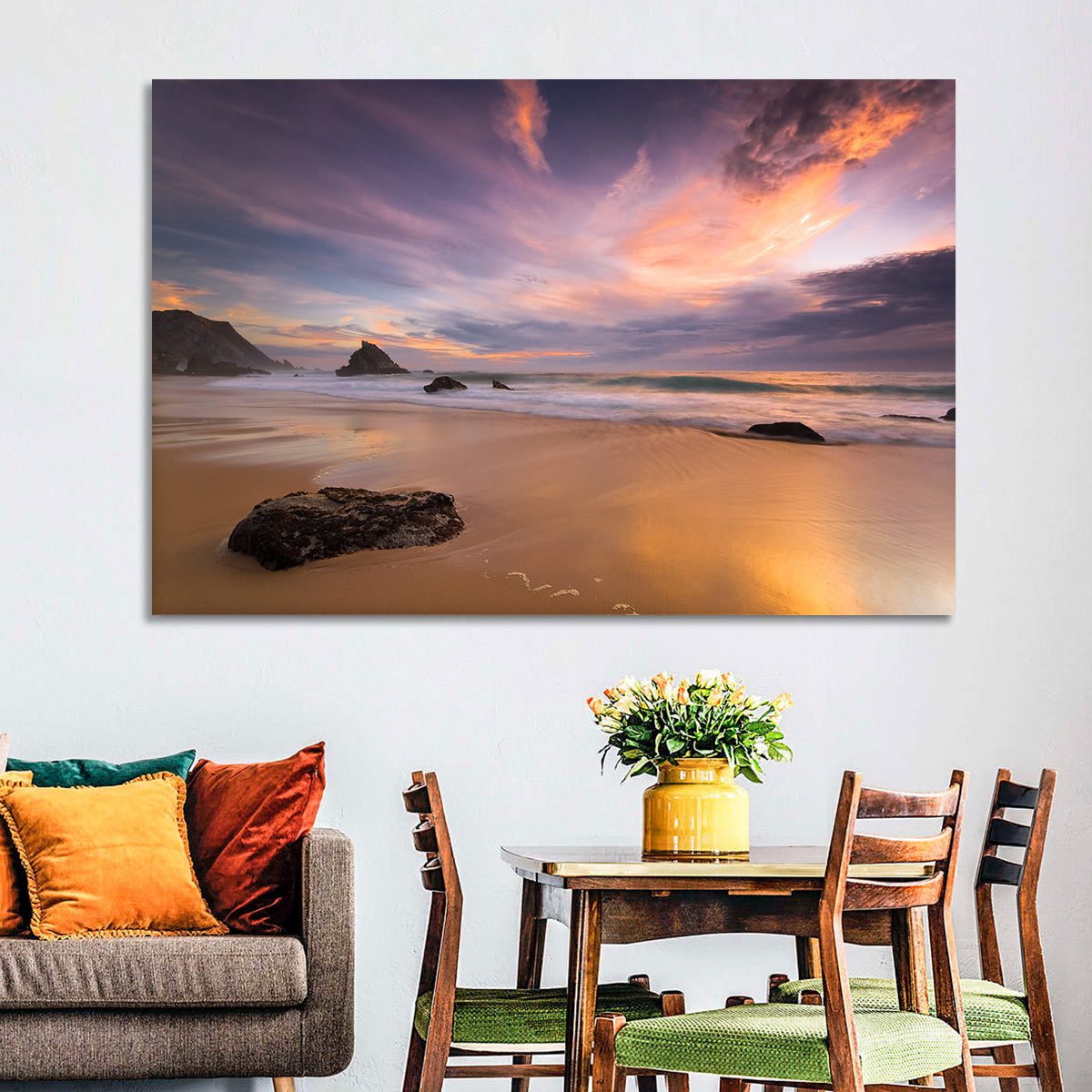 Adraga Beach Sunset Wall Art in a room, landscape