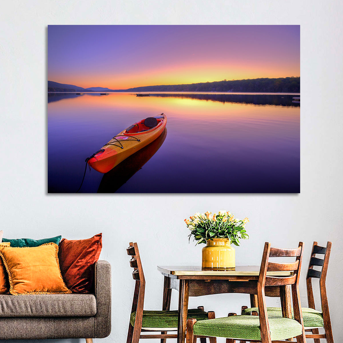 Bright Orange Kayak at Sunset Wall Art in a room, landscape