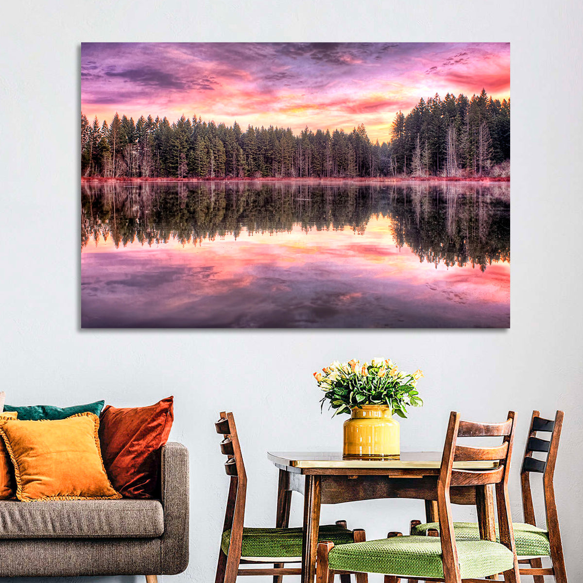 Sunrise Reflection at Forest Lake Wall Art in a room, landscape