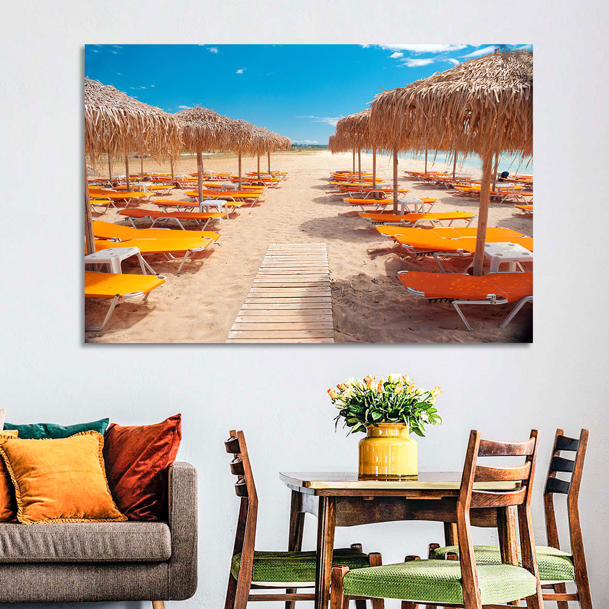 Beach Boardwalk with Orange Loungers Wall Art in a room, landscape