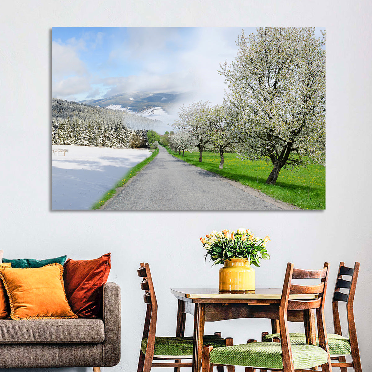 Season Change Road to Snowy Mountain Wall Art in a room, landscape