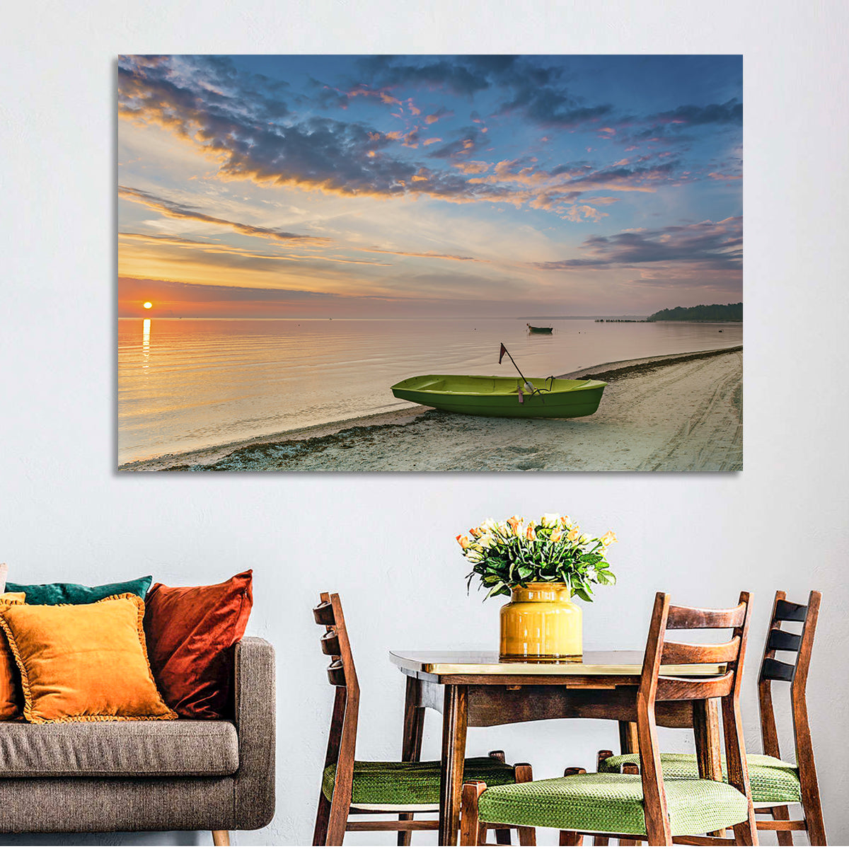 Green Rowboat at Sunrise Wall Art in a room, landscape