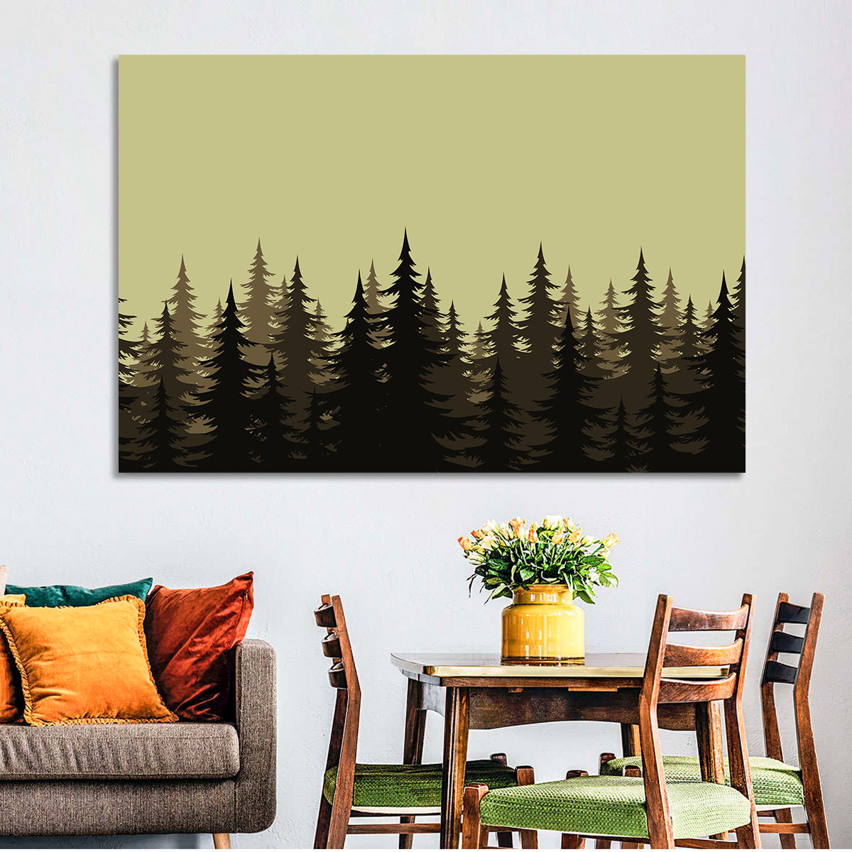 Fir Tree Silhouettes Wall Art in a room, landscape