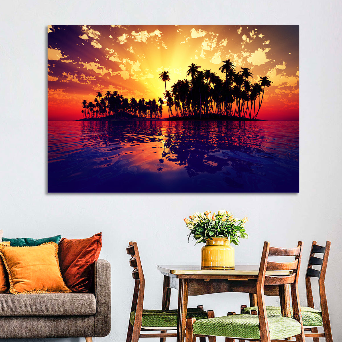 Coconut Island Sunset Wall Art in a room, landscape