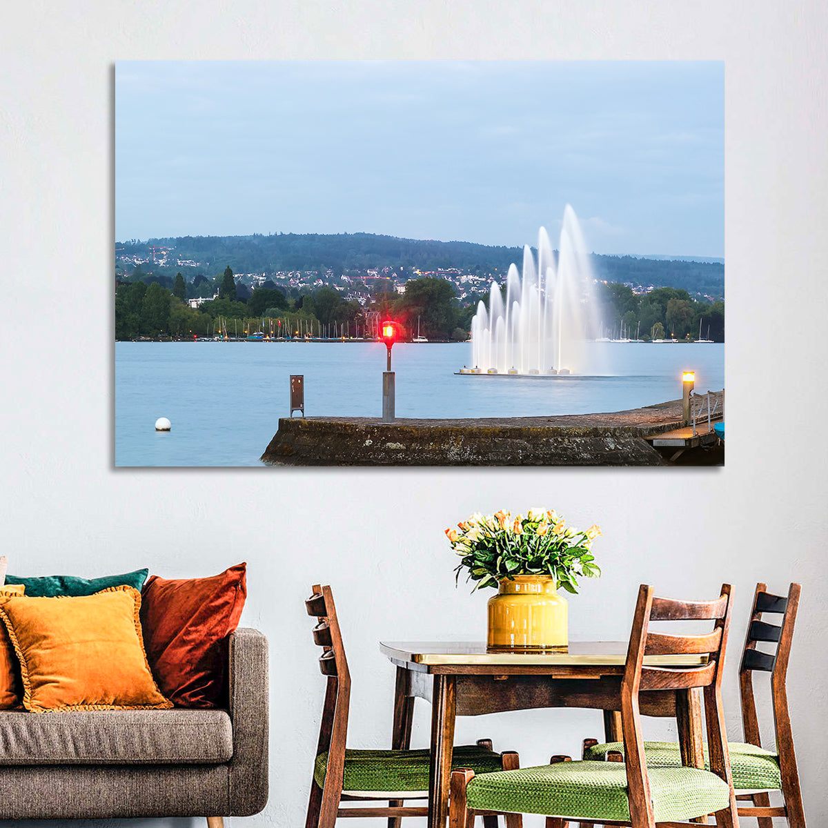 Lake Zurich Fountain at Dusk Wall Art