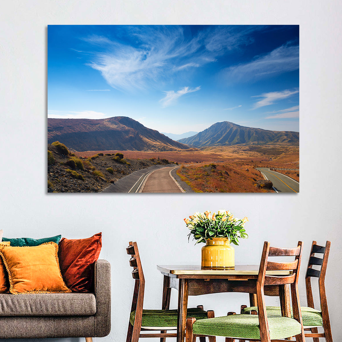Mount Aso Winding Road Wall Art in a room, landscape