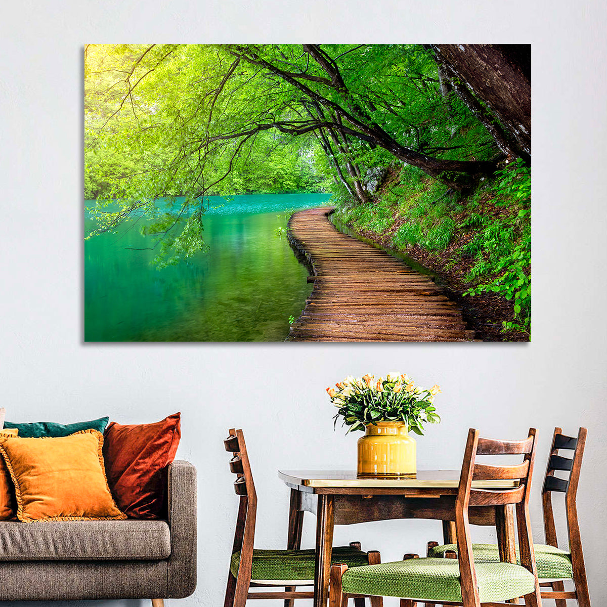 Plitvice Lakes Boardwalk Wall Art in a room, landscape