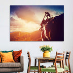Two Hikers Summit Assist at Sunset Wall Art