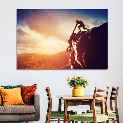Two Hikers Summit Assist at Sunset Wall Art