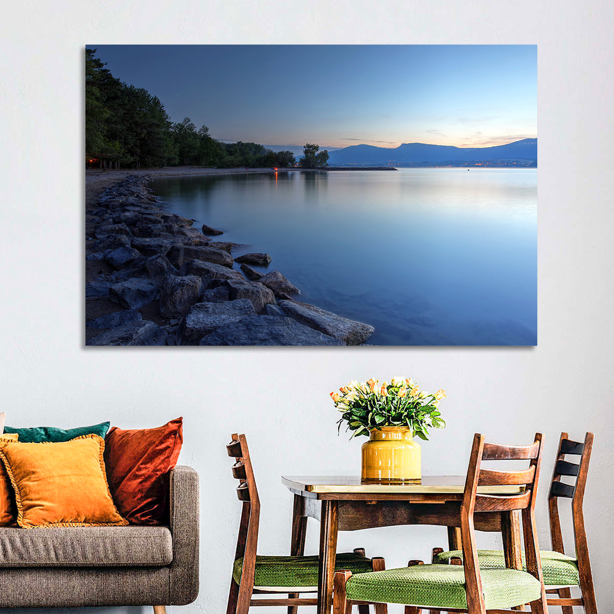 Lake Neuchatel Twilight Wall Art in a room, landscape