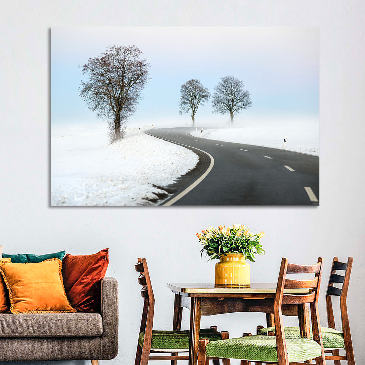 Foggy Winter Road Wall Art in a room, landscape
