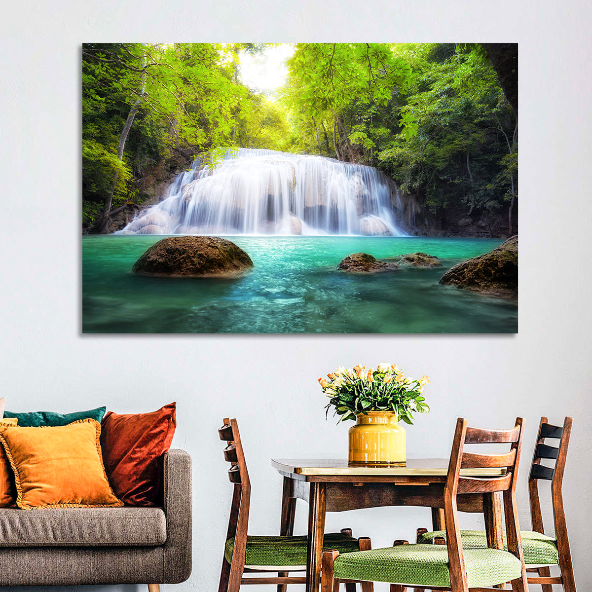 Erawan Falls Turquoise Waterfall Wall Art in a room, landscape