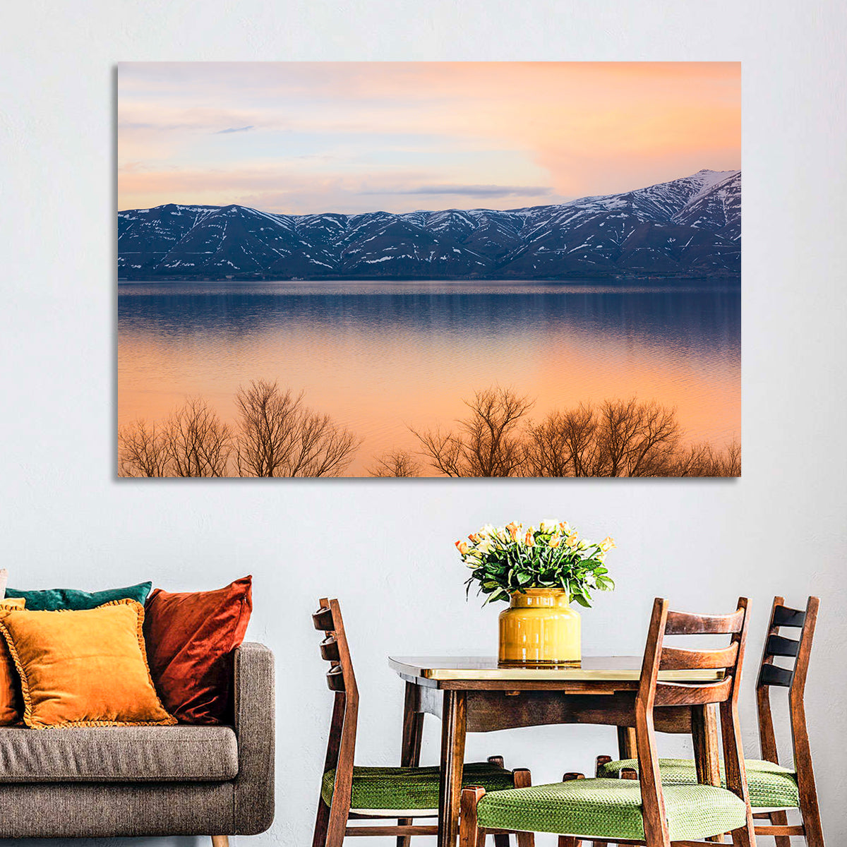 Lake Sevan Golden Dusk Wall Art in a room, landscape