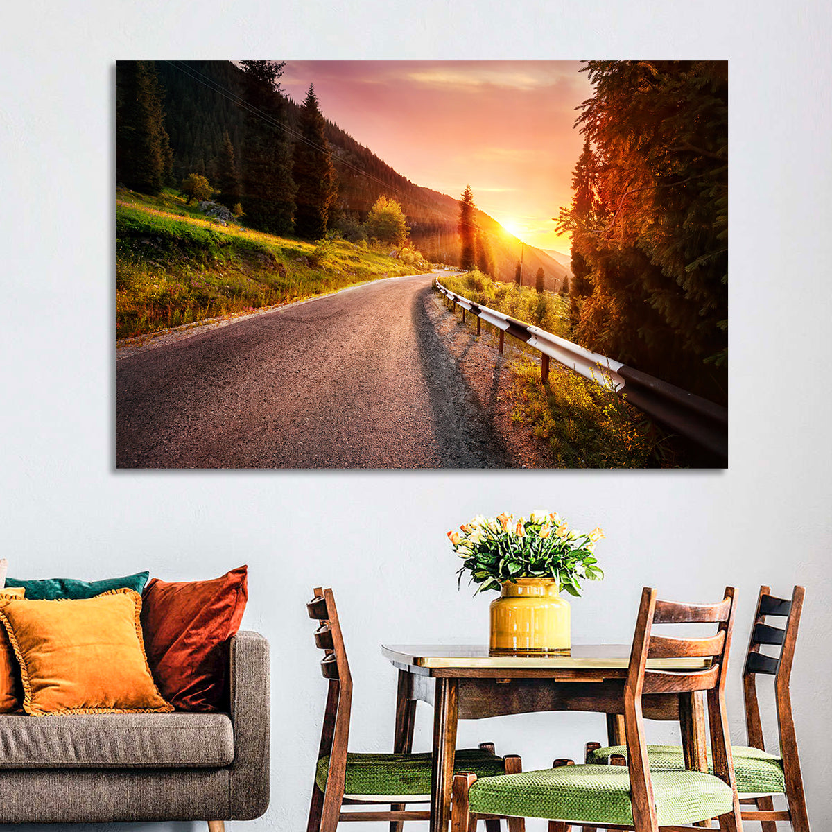 Golden Hour Mountain Road Wall Art in a room, landscape