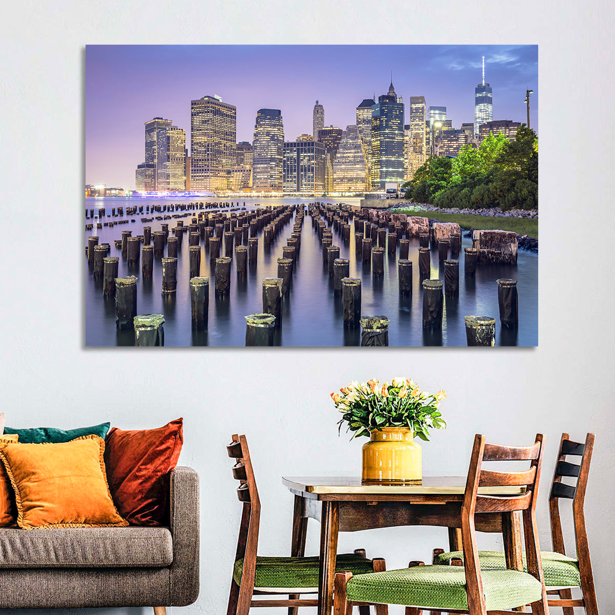 Manhattan Skyline at Twilight Wall Art in a room, landscape