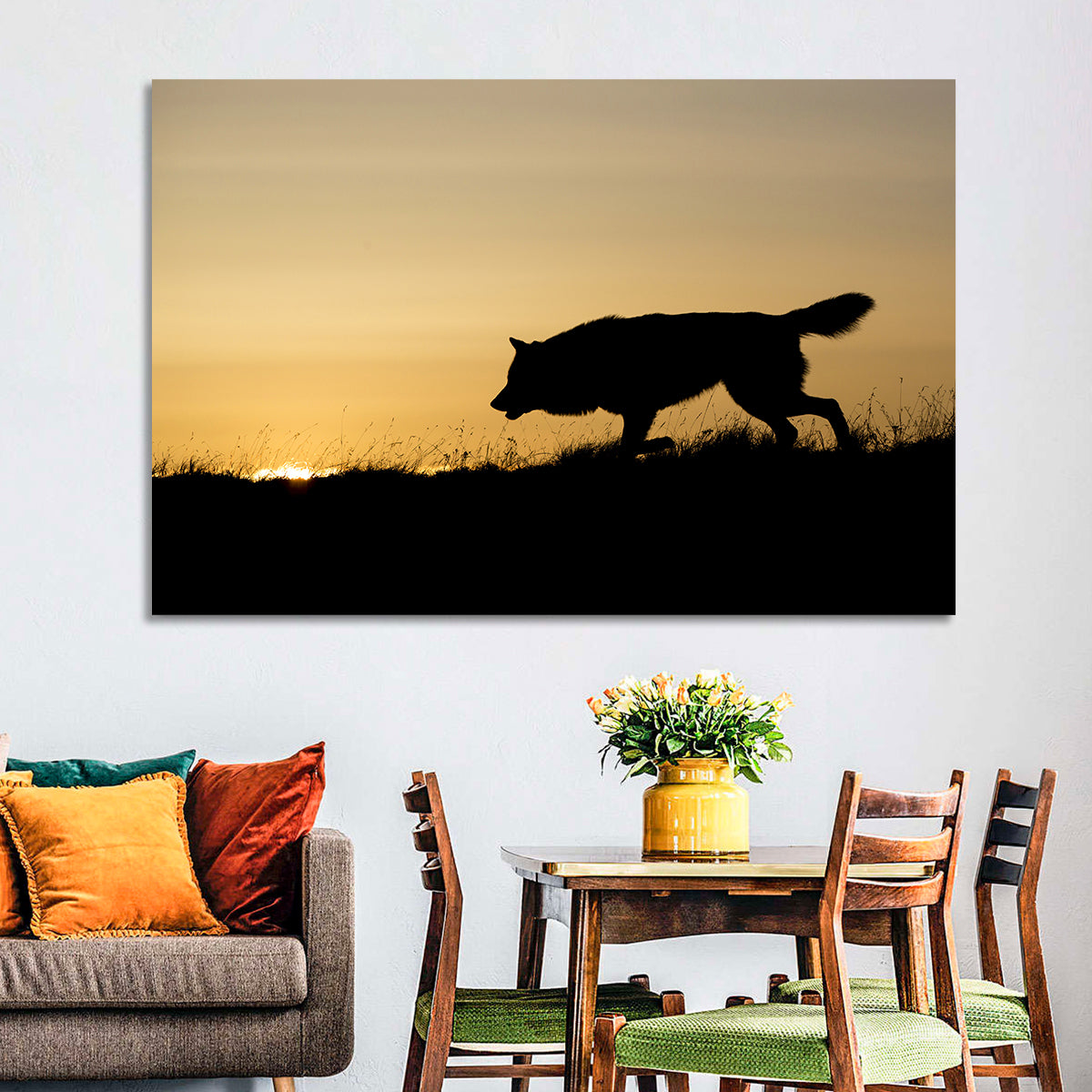 Wolf at Golden Horizon Wall Art in a room, landscape