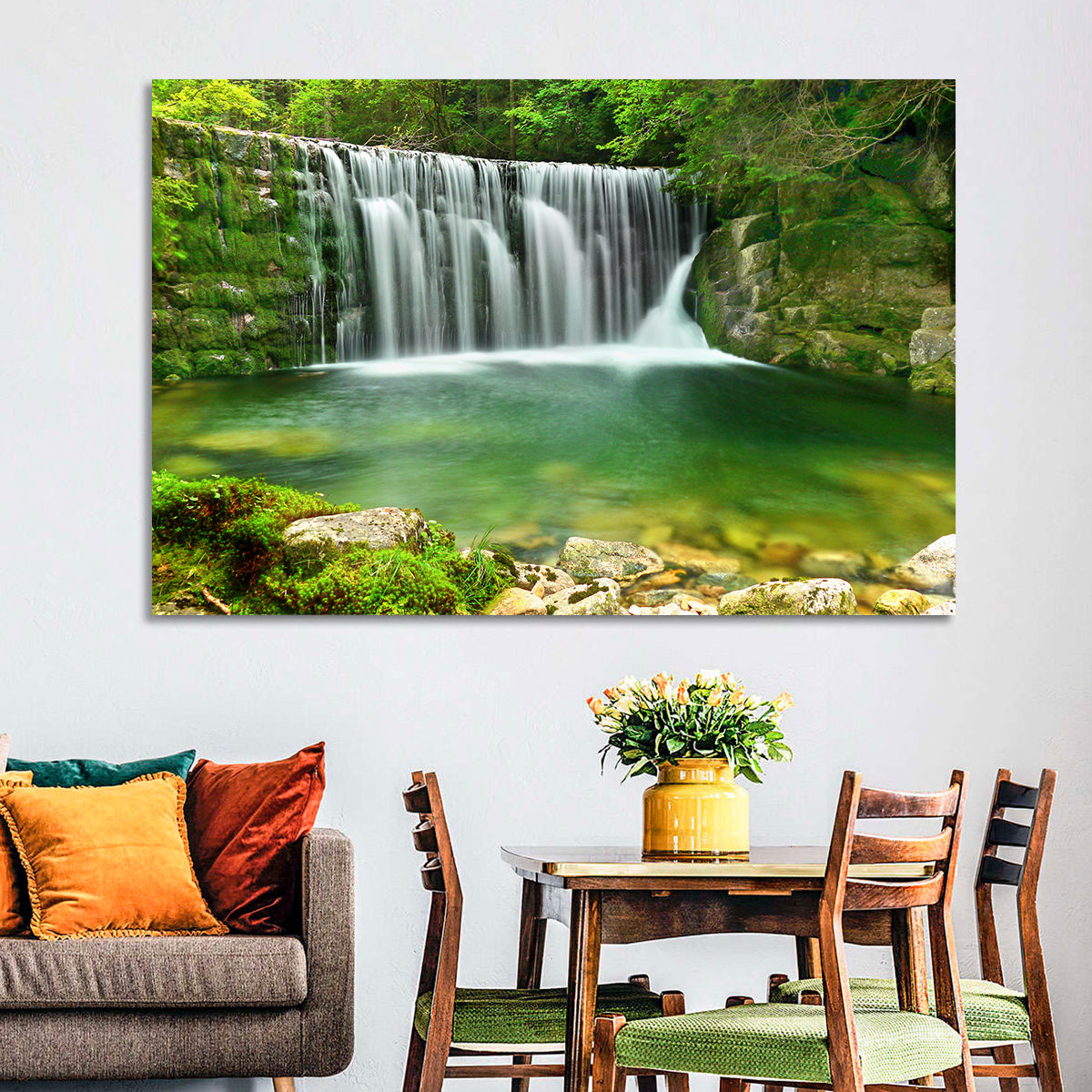 Emerald Lake Cascade Wall Art in a room, landscape