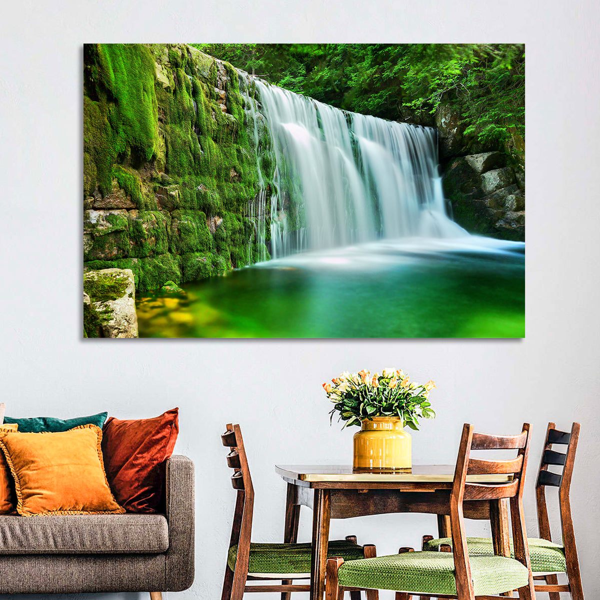 Emerald Lake Cascade Wall Art in a room, landscape