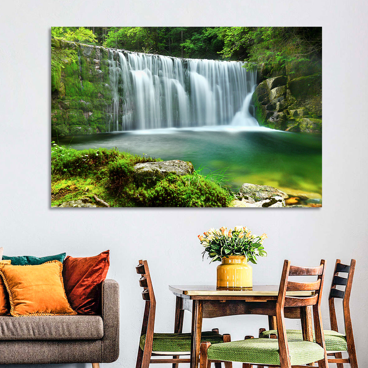 Emerald Forest Waterfall with Mossy Stones Wall Art