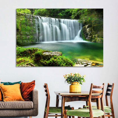 Emerald Forest Waterfall with Mossy Stones Wall Art