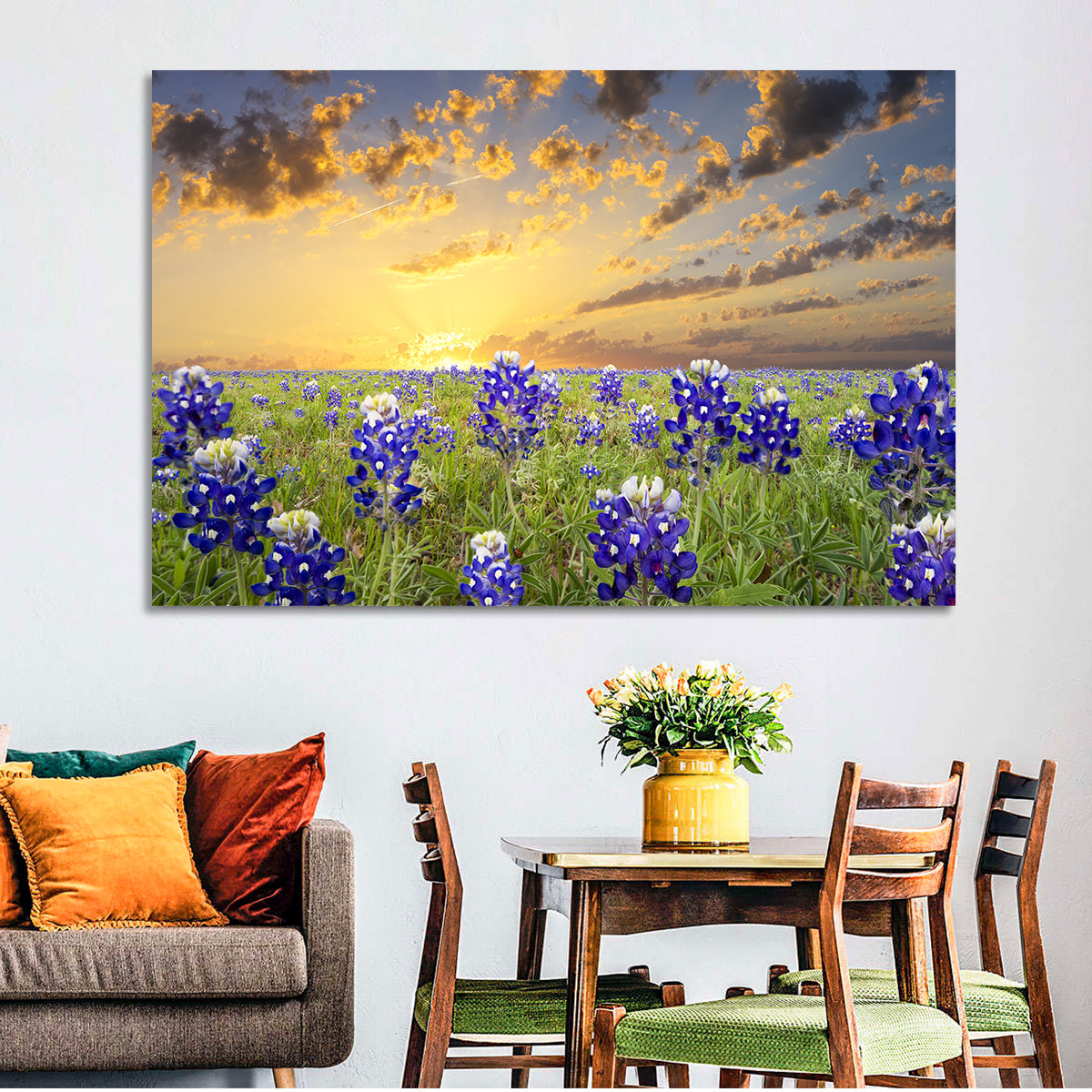 Bluebonnet Field at Sunset Wall Art in a room, landscape