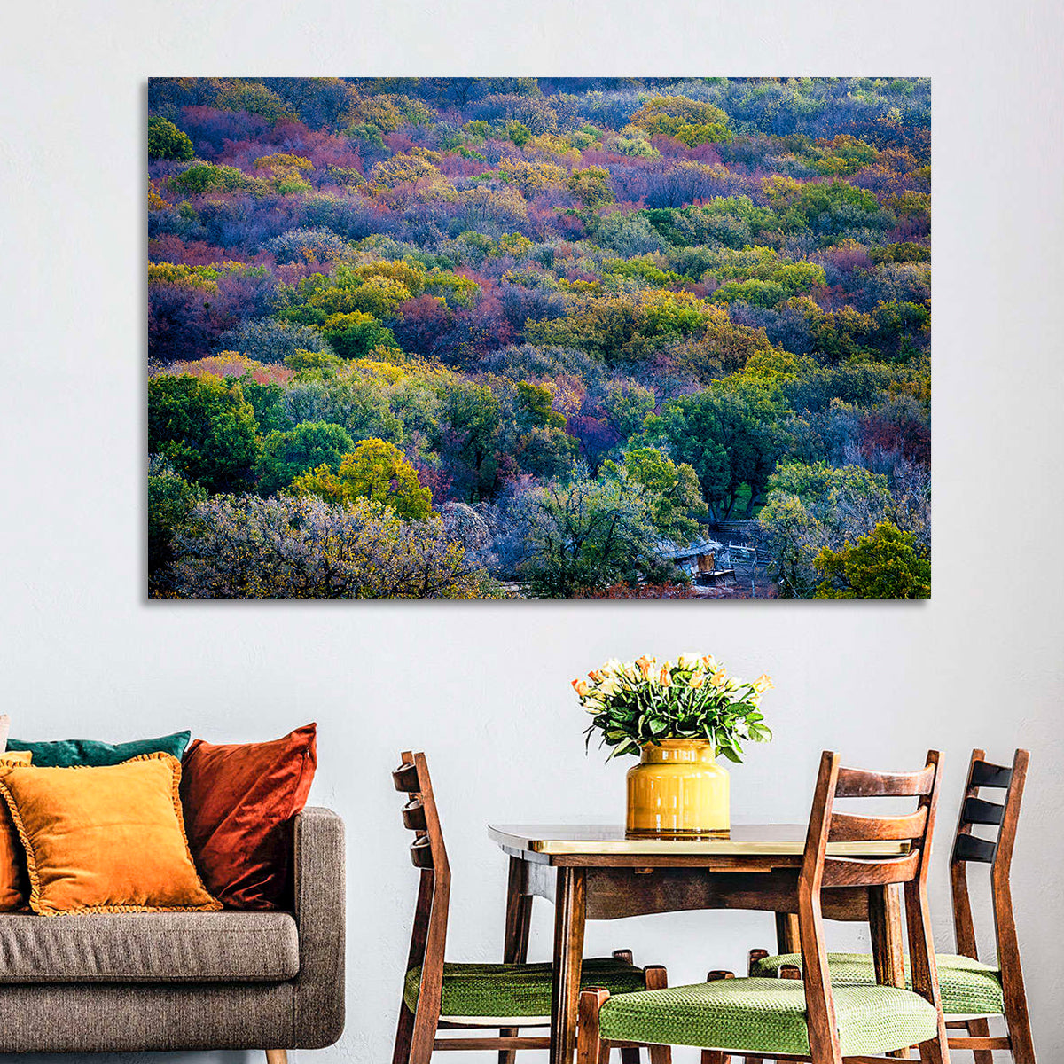 Autumn Canopy Forest with Cabin Roof Wall Art
