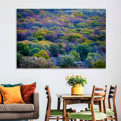 Autumn Canopy Forest with Cabin Roof Wall Art